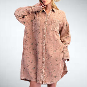 Easel Oversized Floral Print Cotton Gauze Washed Shirt Dress Mocha Mousse Size S